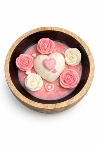 Vela Artesanal de Soja en Cuenco de Madera de Mango - Ritual de Deseos con Flores y Corazón de Mica - Decoración Boho Chic y Meditación - Regalo para San Valentín, Aniversarios y Cumpleaños - 20cm