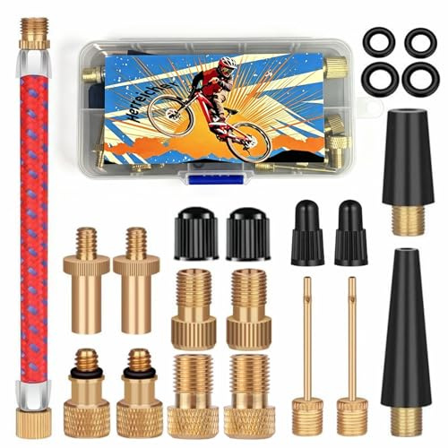 Adaptador de Válvula de Bicicleta 21 Piezas con Caja de Almacenamiento - Compatible con AV/SV/FV/Dunlop - Válvula Auto, Válvula Presta, Aguja Inflador - para Bomba de Bicicleta