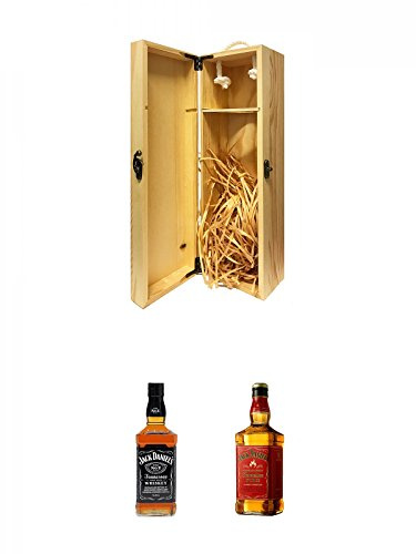1a Whisky Holzbox für 1 Flasche mit Hakenverschluss + Jack Daniels Black Label No. 7 0,7 Liter + Jack Daniels FIRE 0,7 Liter