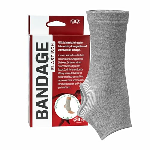 Antar Fußbandage für Sprunggelenk aus Viskose aus Bambus, Bandage für Fußgelenk, Sportbandage, optimale Kompression, antibakteriell, pilzhemmend, elastische Sprunggelenkbandage, M (18-23 cm grau