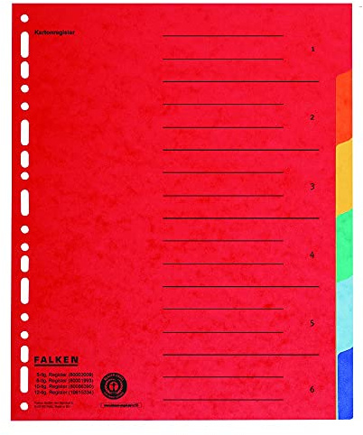 FALKEN 20x Karton-Register überbreit DIN A4+ 245 x 30 cm 6-teilig | volle Höhe mit Organisationsdruck vollfarbig zur Ablage von Prospekt- und Klarsichthüllen
