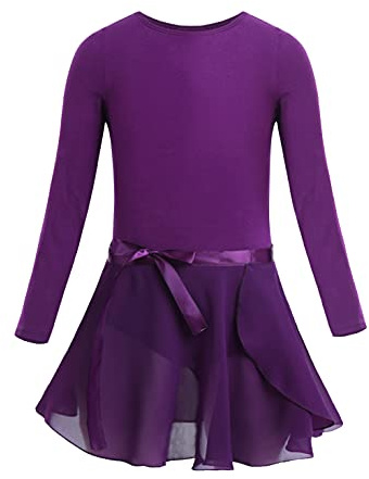 CHICTRY Ballettkleid Kinder Mädchen Langarm Tanzkleid Rundhals Ballett Body Einfarbig Turnen Trikot Mit Chiffon Wickelrock Tanzrock Wettbewerb Tanzkostüm Dunkel Lila 122-128