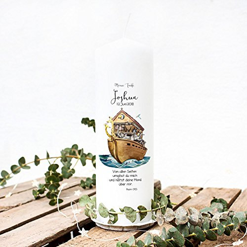 Taufkerze Kerze zur Taufe oder Geburt Kommunionkerze Arche Tiere mit Spruch Wunschname & Datum wk43 ilka parey wandtattoo-welt®
