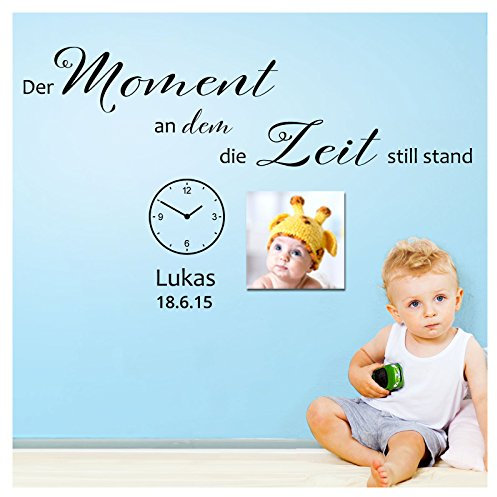 Grandora Wandtattoo Der Moment an dem die Zeit + Name & Datum I schwarz (BxH) 80 x 47 cm I Kinderzimmer Sticker Aufkleber Wandaufkleber Wandsticker W5536