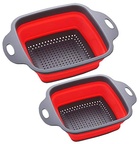 Square Collapsible Colander Set,2 Collapsible Colanders (Strainers) Set By HDHYK - Includes 2 Folding Strainers (red & Grey)