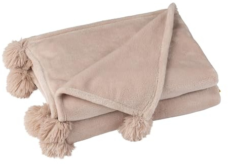 J-Line Kuscheldecke mit Pompoms, Stilvolle und Moderne Tagesdecke in Beige, Perfekt als Fleecedecke, Couchdecke, Sofadecke oder Schlafzimmer Deko, 170 x 130 cm