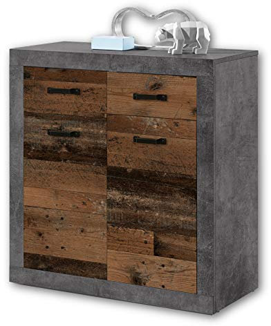 Stella Trading INDIANA Vintage Kommode in Old Wood Optik, Betonoxid - rustikales Retro Sideboard mit viel Stauraum für Ihren Wohnbereich - 82 x 90 x 37 cm (B/H/T)
