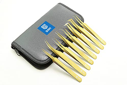 SMI 8 st Pincett för ögonfransförlängning Ögonfranspincett ögonfransförlängningspincett rostfritt stål Precision-pincett 3D 6D falska fransar pincett rak och böjd med etui - guld