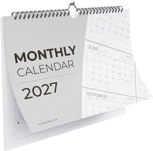 2027 Wall Calendar A4 Month to View - Spiral Bound UK Monthly Family Planner - Large Day Boxes with Grey & White Design