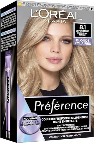L'ORÉAL PARIS - Lang anhaltende & strahlende Haarfärbung - Ohne gelbe Reflexionen - Deckt 100% weißes Haar - Bevorzugt - Nuance : Copenhagen 8.1, Hell-Aschblond