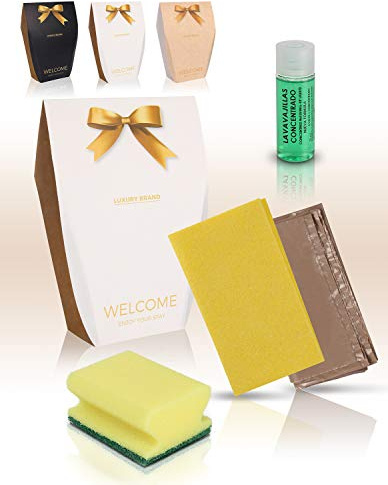 MAXIMA AMENITIES 20-teiliges Küchenreinigungsset für Tourismusunterkünfte – inklusive Reinigungstuch, Nagelschutz, Geschirrspüler 30 ml und Müllbeutel, ideal für den täglichen und praktischen Gebrauch