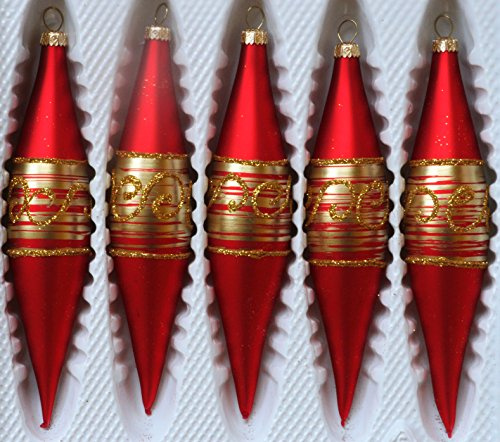 Weihnachtskugeln Matte rote Zapfen (Eiszapfen) aus Glas mit goldenen Glitzerapplikationen - Länge 13 cm 5er Set