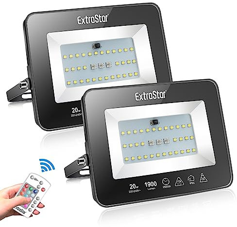 EXTRASTAR 20W Smart RGB Led Floodlight Indoor or Outdoor, 6500K Daylight Flood Light 16 Colours Adjustable with Remote Control, IP65 Waterproof Dimmable Atmosphere Light for Stage Garden (2 Pack)