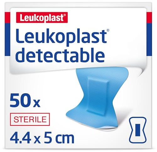 Leukoplast Detectable - Sterile Dressing Strips with X-Ray and Metal Detectable Materials - Breathable and Waterproof, First-aid Plasters - Blue - 4.4 cm x 5 cm - Box of 50
