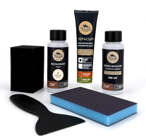 SOFOLK Kit de renovación de cuero y polipiel: reparación + pintura + pintura protectora - volante, asiento de coche, sillón, zapatos (6-OFF-WHITE)