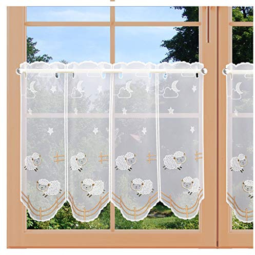 Bestickter Scheibenhänger Kurzstore Schäfchen Kinderzimmer-Gardine Plauener Spitze Küchendeko 45 x 80 cm