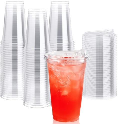 Lilymicky Paquete de 90 vasos de plástico transparente de 20 onzas con tapas sin popote, desechables a través de tapas para café helado, batido, slurpee o cualquier bebida fría