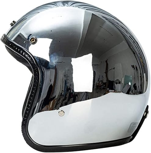 Retro Motorcykel Halvhjälm, Tysk Stil Spegel Silver Chrome Vintage 3/4 Motorcykel Öppen Ansiktshjälm, Street Pilot Scooter Crusier Moped El Moto Hjälmar Sommar (Size : M=(57-58cm))