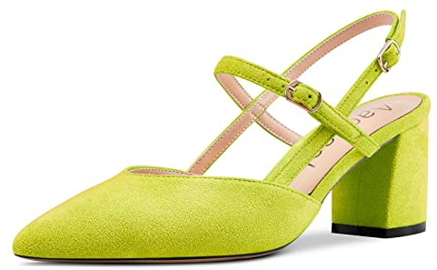 Aachcol Mujer Chunky Ancho Medio Bajos Heel Pumps Correa Tobillo Slingback Puntiaguada Punta Dress Zapatos Oficina Fiesta de Boda Ante 6.5 CM