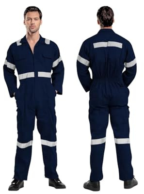ProMaxFit Men's Long Sleeves Coverall Boiler Suit for Workshop Mechanics - Gray Color, 9 Sizes - Overall Cotton Blend Jumpsuit for Painters, gardeners, Welders and builders. (BLUE REFLECTER, M)