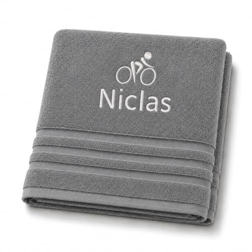 Pet-Jos Personalisiertes Handtuch mit Namen Schön gestickter Sport Name Handbadetuch 100% Baumwollhandtuch Sportliche Motive Personalized Custom Towel with Name (140 x 70 cm, Radfahren)