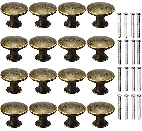 16 Pcs Round Drawer Knobs Bronze Kitchen Cabinet Drawers with Screws, Vintage Copper Round Knobs Handles for Drawer Wardrobe Cupboard Door