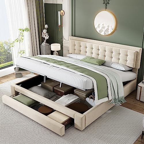 KecDuey Doppelbett, Polsterbett 180 x 200cm mit Kasten und Schubladen, Samtstoff, Lattenrost, hydraulisches Funktionsbett, großer Stauraum