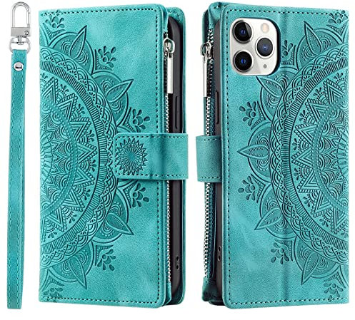 VEEMOS Wallet Case for iPhone 11 Pro Max Flower Flip Case Protective Leather Folio Book Phone Cover with Card Slots Kickstand Zipper Pocket - Green