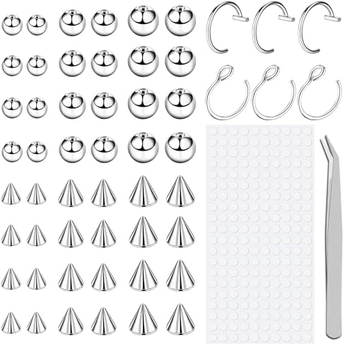 GROVL Fake Eyebrow Ring & Lip Labret Studs Replacement Balls Spike with 200Pcs Sticker Non-Piercing Nose Rings Hoop Body Jewelry Lip Ring 3MM-5MM