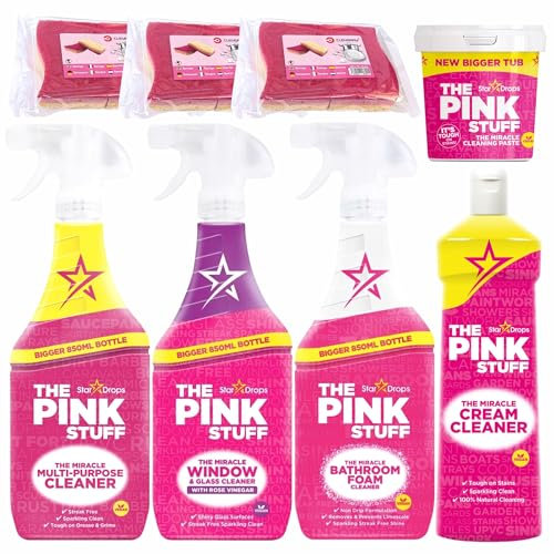 Pink Stuff Reinigungsmittel Set - Reinigungspaste 850g, Mehrzweckspray 850 ml, Cremereiniger 500ml, Badezimmer-Schaumreiniger, Glasreiniger 850ml, Reiningungsset Bundle mit 6x Cleverry Schwamm