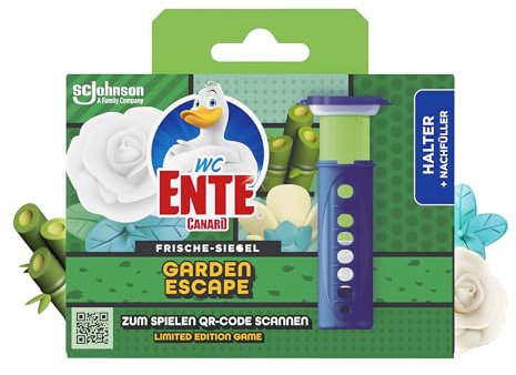 WC Ente Frische Siegel Starter-Set (inkl. 1 Nachfüller), körbchenloser WC Spüler, Original Garden Escape Duft, 36 ml