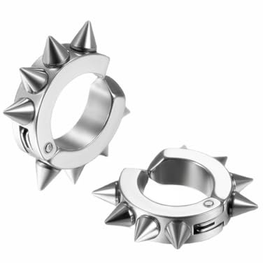 Punk Rivets Clip on Hoop Earrings Set Stainless Steel Spikes Awl Non Piercing Taper Huggie Helix Cartilage Earrings