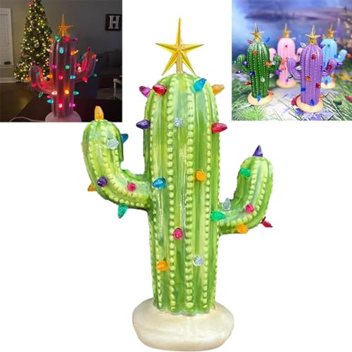 Cactus natalizio vintage illuminato, albero di Natale in ceramica resinata, albero di Natale in ceramica resinata, albero di Natale in cactus illuminato, regali in cactus illuminato (Verde)