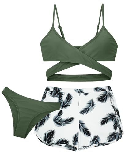 Maeau - Bikini Fille Maillot de Bain 3 Pièces Bikini Top+Culotte Bikini+Short de Bain Enfants Set de Natation Plage Piscines Hawaïen - Vert - 12-13 Ans