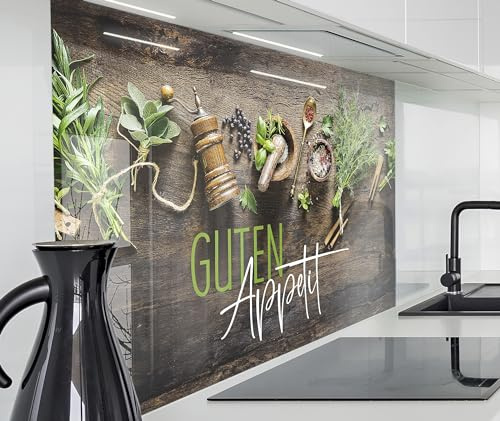 timalo Herd Spritzschutz Wand Spüle, Küche Küchenrückwand Glasoptik | Acryl Glas 2mm | Glasrückwand Acrylglas Küchenpaneele Rückwandschutz Platte | 80x50cm Kräuter Gewürze Text Guten Appetit