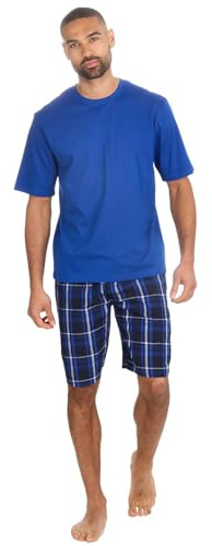 Style It Up Mens Short Sleeve Jersey Top Checked Brushed Cotton Flannel Bottoms Sleepwear Pajama Set Crew Neck Cosy Super Soft Adults Loungewear - Casual and Comfortable PJs (Royal Blue, L)