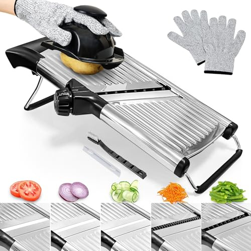 XAYCDEHN Mandoline Slicer,Mandoline Food Slicer for Kitchen,Mandolin,Vegetable Chopper,Adjustable Stainless Steel Veggie Onion Tomato Julienne Cutter with Cut-Resistant Gloves, general, Black