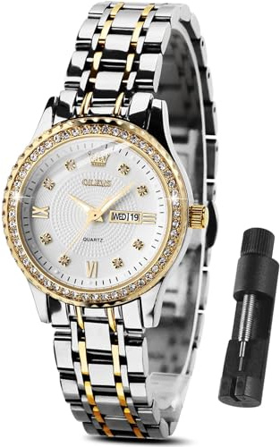 OLEVS Orologio Donna Bicolore Elegante Diamante Acciaio Inossidabile Orologio da Polso Donna Luminoso Impermeabile con Data Bianco Quadrante Piccolo Orologi Donna Analogico Quarzo Regalo per Donna