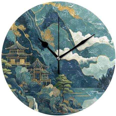 Amooorous Pavilions and Mountains and Rivers 10 Inch Round Bathroom Wall Clocks Battery Operated Quiet Simple for Kitchen Bathroom Bathroom
