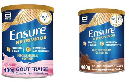 Ensure NutriVigor Fraise & Chocolat 400g - Complément alimentaire avec protéines, 27 vitamines et minéraux et HMB - Pour une alimentation saine et équilibrée - 1x Fraise 400g + 1x Chocolat 400g