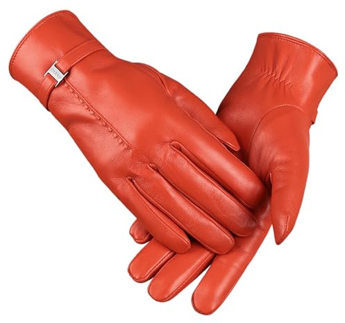 Women's 2024 Autumn and Winter Plain Versatile Windproof and Thick Cold Leather Gloves SCg49 (Watermelon Red, M)