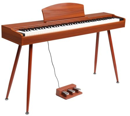 LEADZM Piano Numérique 88 Touches avec Support en Métal, Clavier Piano Entièrement Lesté, Piano Electrique avec 3 Pédales, 2 Systèmes Bluetooth, Adapté aux Débutants (Noyer)