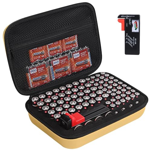 stukcaze Battery Organizer Storage Case with Tester for AA AAA Button Battery Holder Carrying 3 Batteries Variety Pack 88 Batteries Zipper Mesh Bag (Batteries Not Included) (Gold)