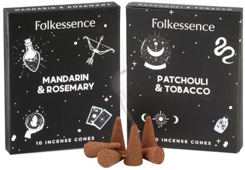 Folkulture Incense Cone Scented | Set of 2 Inscents-Cones (20 Cones) | Mandarin and Rosemary, Tobacco & Patchouli | Variety Pack Insence Cone for Relaxation and Meditation | Insenses for Home