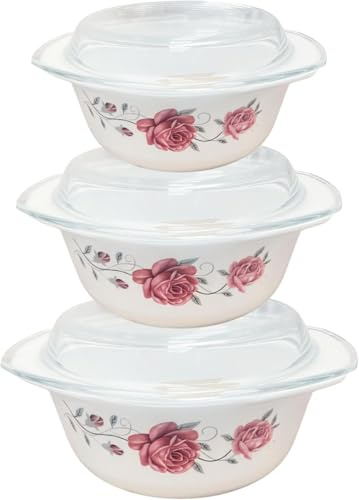 Set of 3 Opal Glass Round Casserole Dishes with Lid, , Freezer & Microwave Safe, Scratch & Thermal Shock Resistant, Easy-Grip Handles Serving Dishes (1 + 1.5 + 2.5 Litres) (Rose Flower Print)