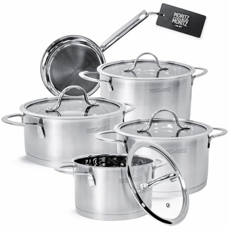 Moritz & Moritz 5-teiliges Kochtopfset inkl. 4 Glasdeckel - Edelstahl Topfset Induktion & alle Herdarten - stylische Töpfe mit Deckel & Stielkasserolle - Geeignet für Spülmaschine & Backofen