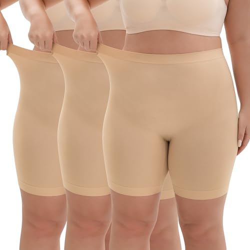 INNERSY High Waist Radlerhose Damen Kurz für Kleid Übergröße Anti Chafing Shorts Leggins 3er Pack (44-46, 3 Beige)