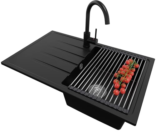 PRIMAGRAN Lavandino da Cucina Nero 78x50cm, Lavello in Granito a 1 vasca + Rubinetto 32x20cm + Set di accessori, Lavabo da Cucina Incasso al Mobile 45cm - Milano S094