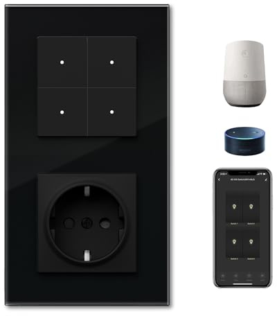 BSEEDLIFE WIFI Interruptor Inteligente Pared con Enchufe,4 Gang 1 Vía 157 * 86mm,Enchufe con Interruptor WIFI Commutador de luz Compatible con Alexa y Google Home(Aplicación Tuya/Smart Life),Negro