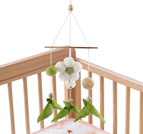 Boîte à musique pour berceau, jouet en feutre avec fleurs pour lit bébé, décoration de crèche Boho cousu à la main, hochet avec boîte à musique pour chambre à coucher, berceau, boîte et cintre